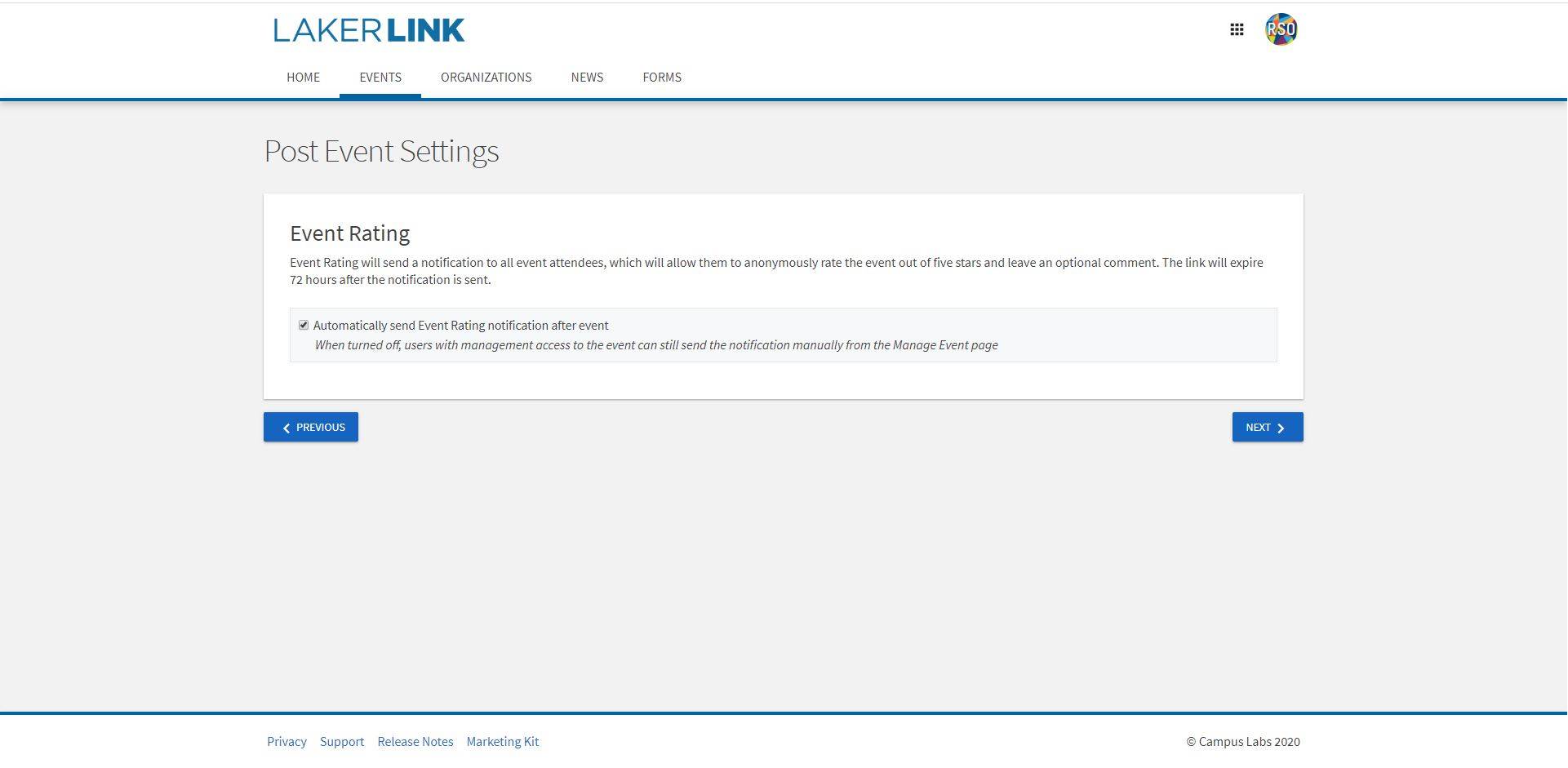 Screenshot of rating option page for an event submission in LakerLink